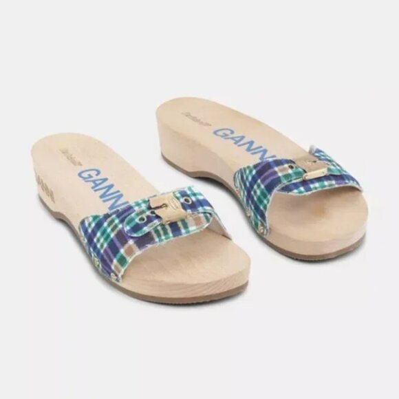 Ganni Shoes - GANNI x Dr. Scholl's Blue Plaid Buckle Wooden Clog Slides Sandals Retro NEW